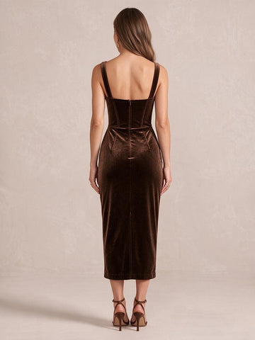 Brown Sheath Tea Length Corset Velvet Wedding Guest Dresses Sweetheart Cocktail Dresses Plus Size
