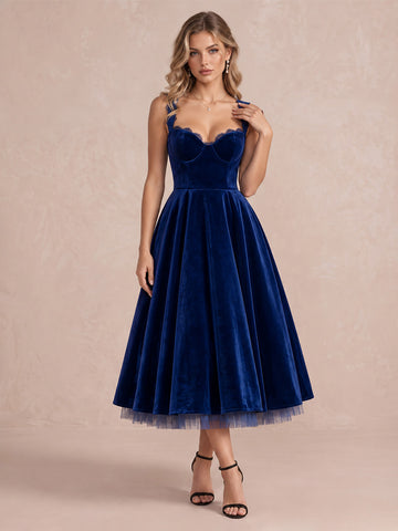 Royal Blue A Line Tea Length Velvet Wedding Guest Dresses Sweetheart Cocktail Dresses