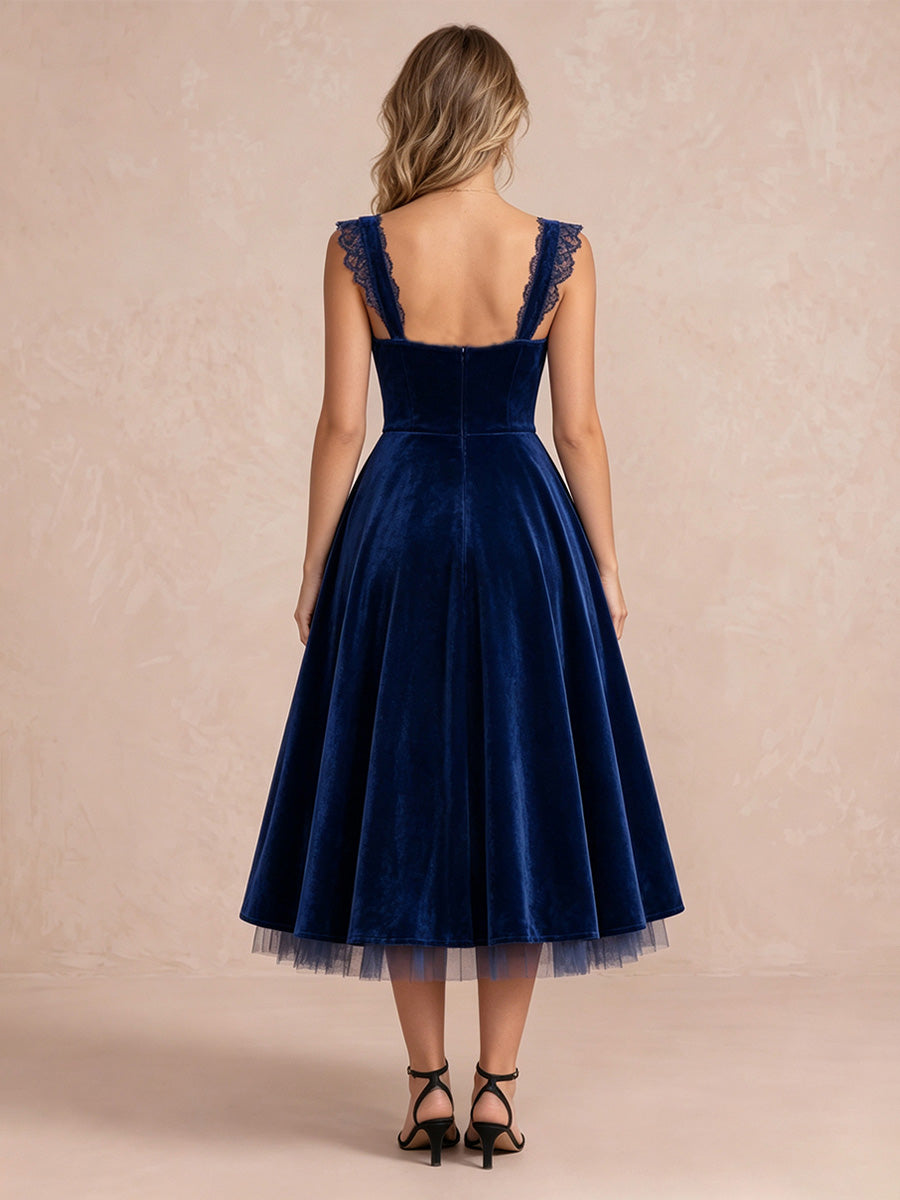 Royal Blue A Line Tea Length Velvet Wedding Guest Dresses Sweetheart Cocktail Dresses