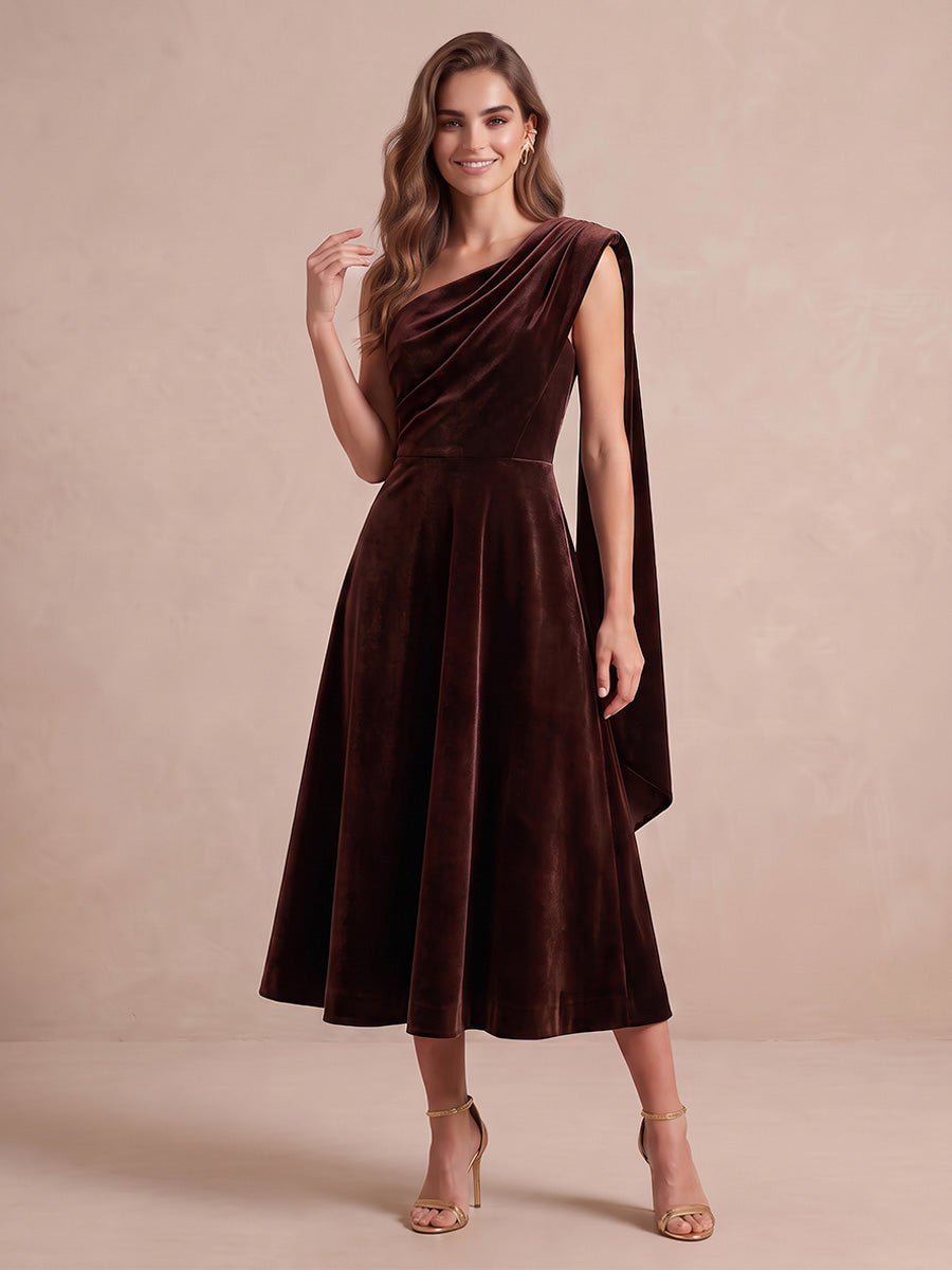Brown A Line Tea Length Velvet Wedding Guest Dresses One Shoulder Cocktail Dresses