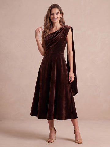 Brown A Line Tea Length Velvet Wedding Guest Dresses One Shoulder Cocktail Dresses