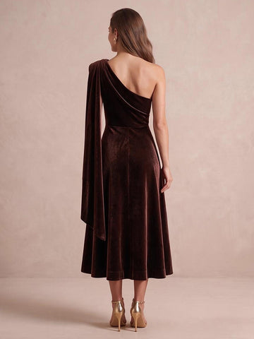 Brown A Line Tea Length Velvet Wedding Guest Dresses One Shoulder Cocktail Dresses