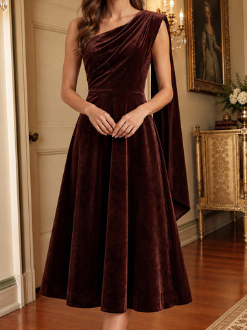 Brown A Line Tea Length Velvet Wedding Guest Dresses One Shoulder Cocktail Dresses