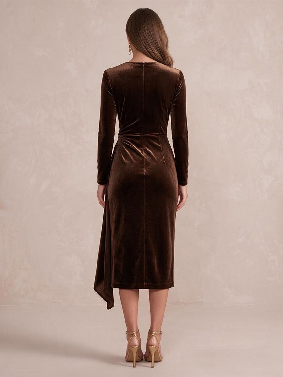 Brown Long Sleeve Sheath Midi Velvet Wedding Guest Dresses V Neck Cocktail Dresses Plus Size