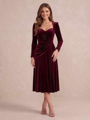 Burgundy A Line Tea Length Velvet Wedding Guest Dresses Sweetheart Cocktail Dresses