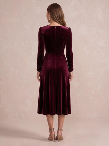 Burgundy A Line Tea Length Velvet Wedding Guest Dresses Sweetheart Cocktail Dresses Plus Size