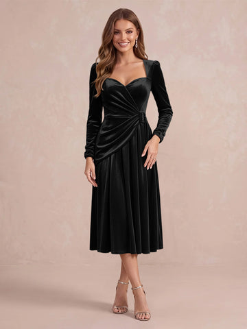 Burgundy A Line Tea Length Velvet Wedding Guest Dresses Sweetheart Cocktail Dresses