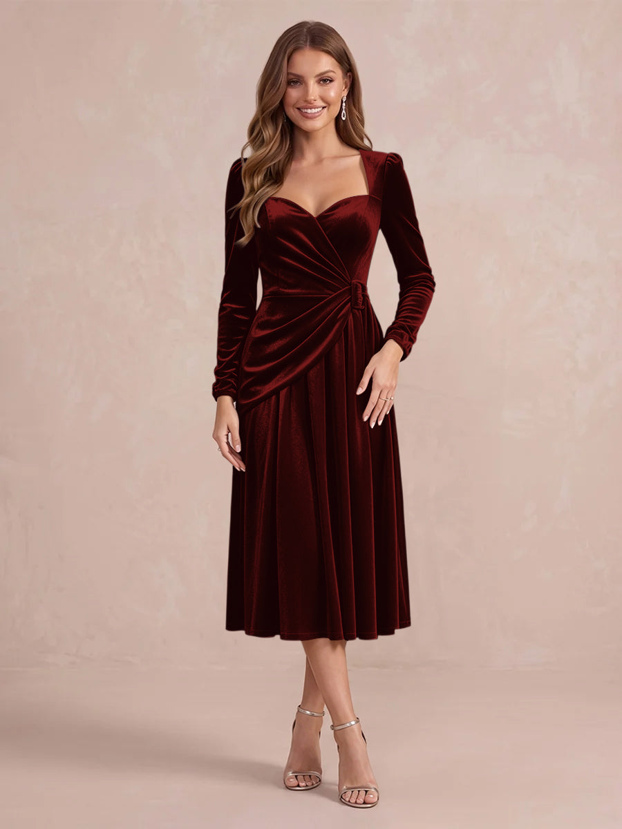 Burgundy A Line Tea Length Velvet Wedding Guest Dresses Sweetheart Cocktail Dresses