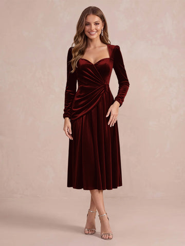 Burgundy A Line Tea Length Velvet Wedding Guest Dresses Sweetheart Cocktail Dresses