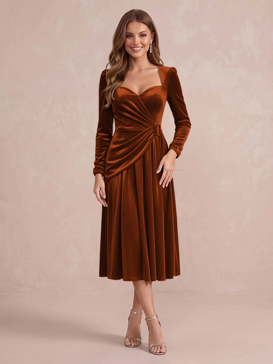 Burgundy A Line Tea Length Velvet Wedding Guest Dresses Sweetheart Cocktail Dresses