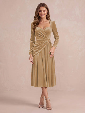 Burgundy A Line Tea Length Velvet Wedding Guest Dresses Sweetheart Cocktail Dresses