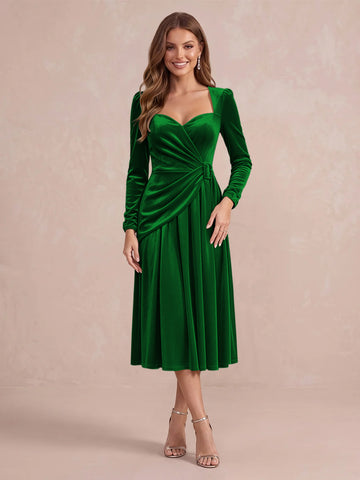 Burgundy A Line Tea Length Velvet Wedding Guest Dresses Sweetheart Cocktail Dresses