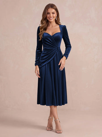 Burgundy A Line Tea Length Velvet Wedding Guest Dresses Sweetheart Cocktail Dresses