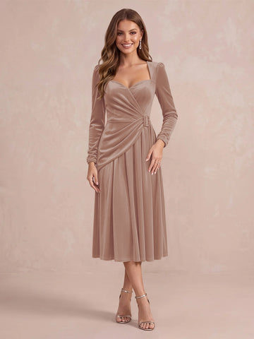 Burgundy A Line Tea Length Velvet Wedding Guest Dresses Sweetheart Cocktail Dresses