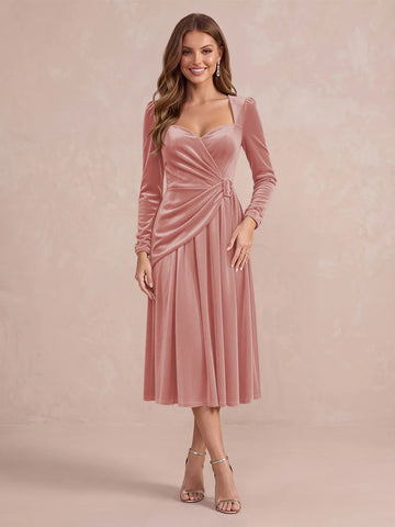 Burgundy A Line Tea Length Velvet Wedding Guest Dresses Sweetheart Cocktail Dresses