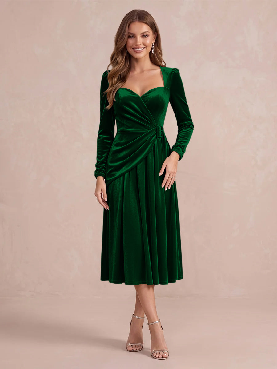 Burgundy A Line Tea Length Velvet Wedding Guest Dresses Sweetheart Cocktail Dresses