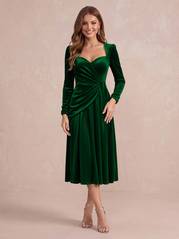 Burgundy A Line Tea Length Velvet Wedding Guest Dresses Sweetheart Cocktail Dresses