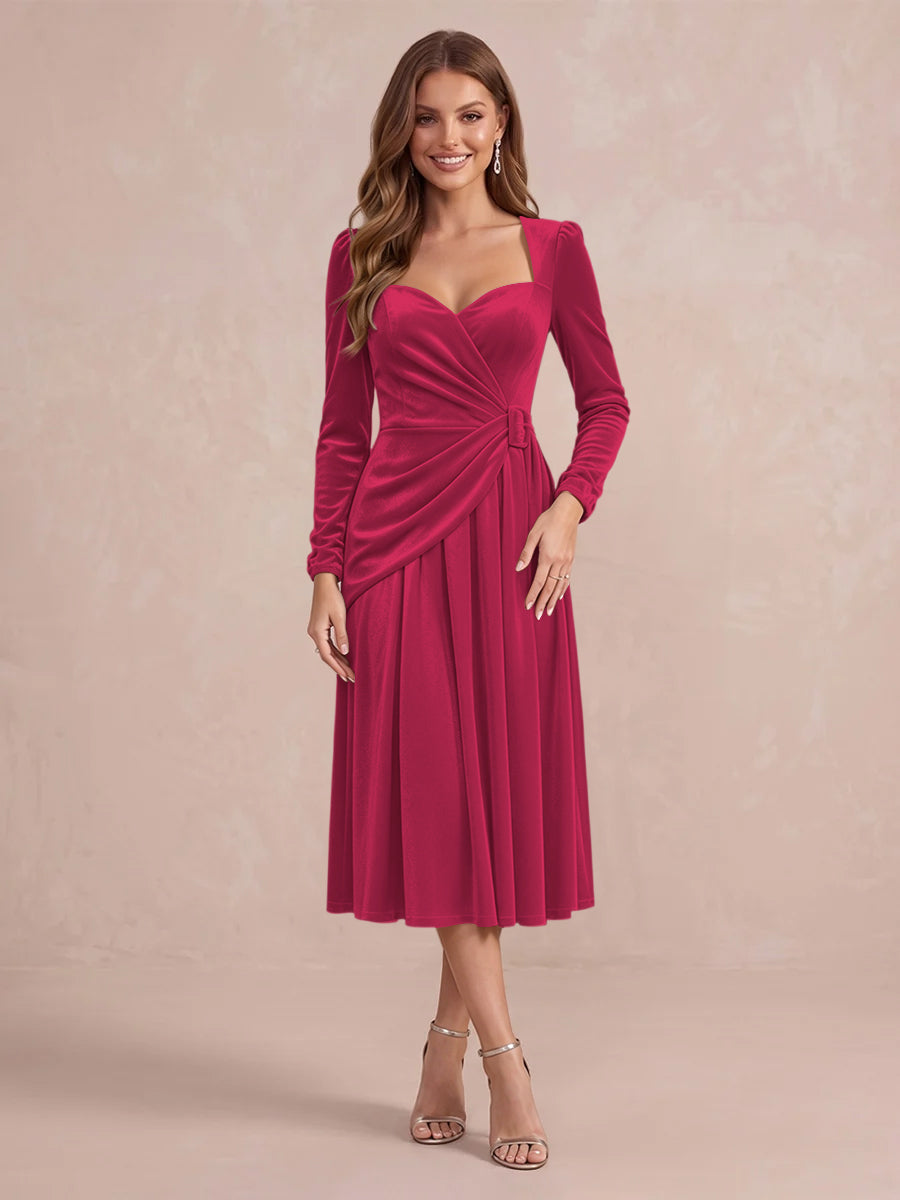 Burgundy A Line Tea Length Velvet Wedding Guest Dresses Sweetheart Cocktail Dresses