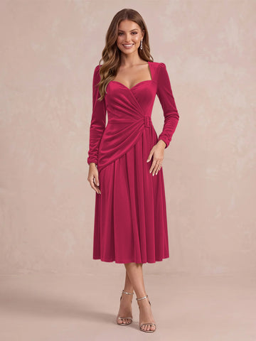 Burgundy A Line Tea Length Velvet Wedding Guest Dresses Sweetheart Cocktail Dresses