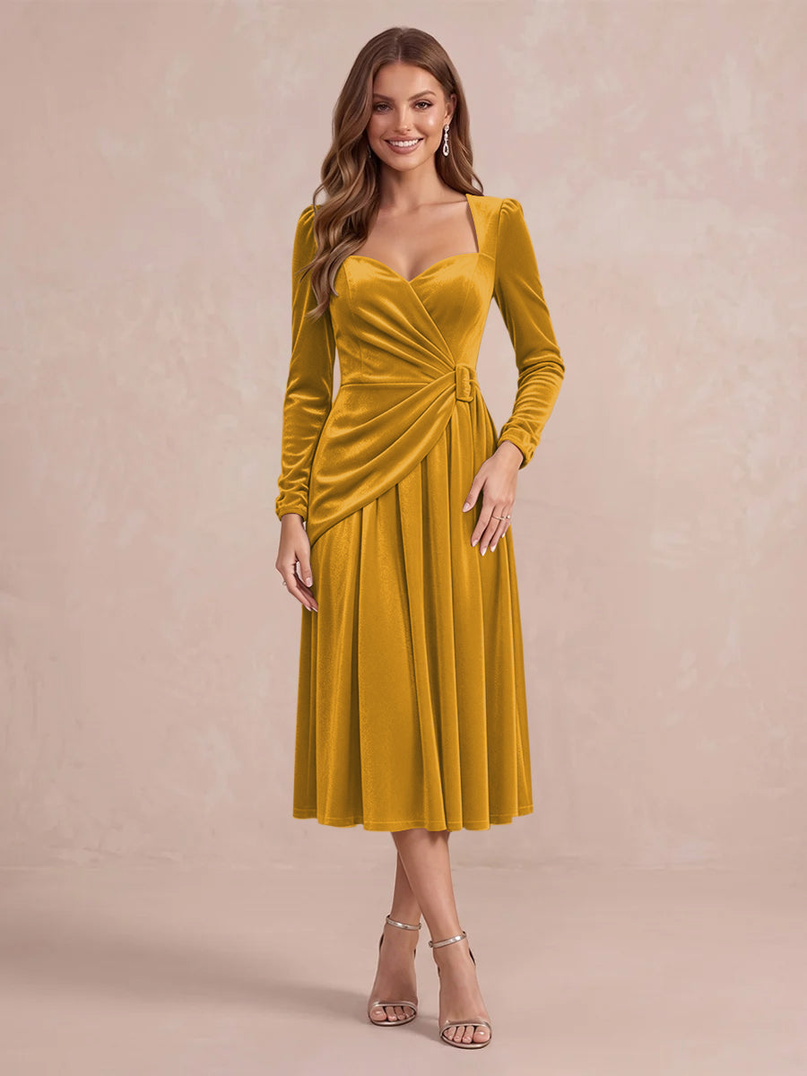 Burgundy A Line Tea Length Velvet Wedding Guest Dresses Sweetheart Cocktail Dresses