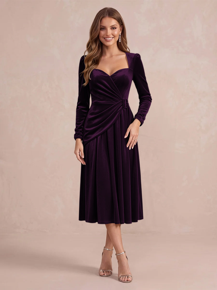 Burgundy A Line Tea Length Velvet Wedding Guest Dresses Sweetheart Cocktail Dresses