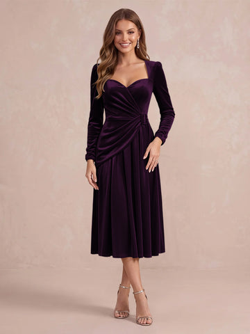 Burgundy A Line Tea Length Velvet Wedding Guest Dresses Sweetheart Cocktail Dresses