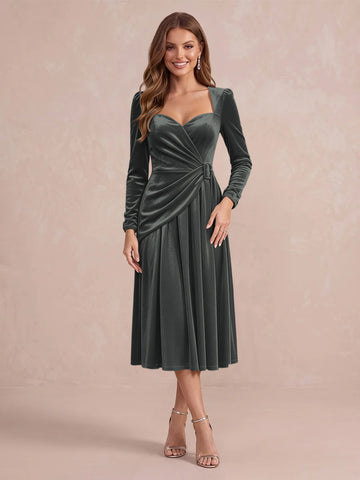 Burgundy A Line Tea Length Velvet Wedding Guest Dresses Sweetheart Cocktail Dresses