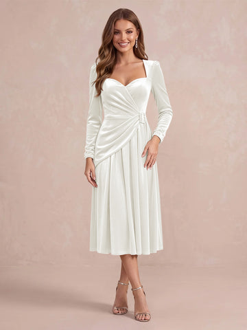 Burgundy A Line Tea Length Velvet Wedding Guest Dresses Sweetheart Cocktail Dresses