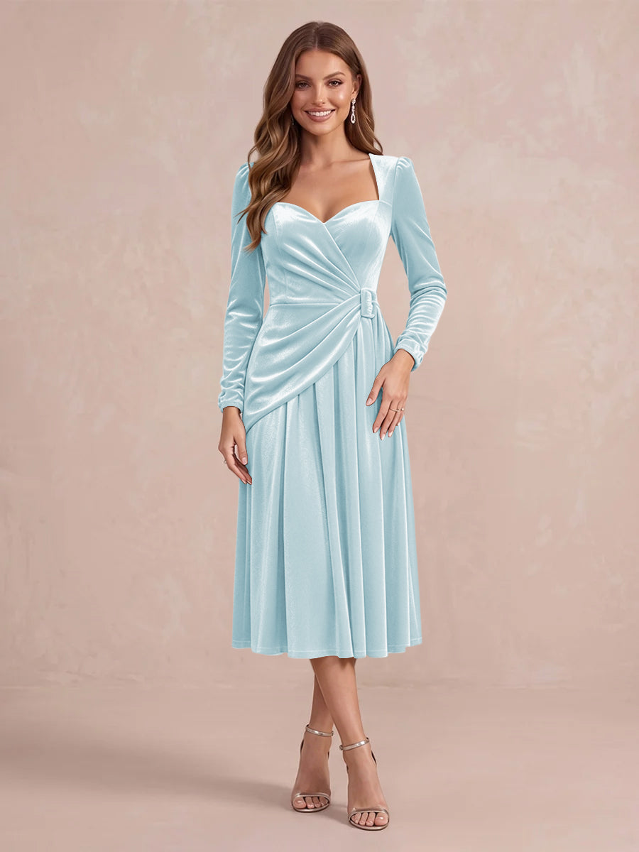 Burgundy A Line Tea Length Velvet Wedding Guest Dresses Sweetheart Cocktail Dresses