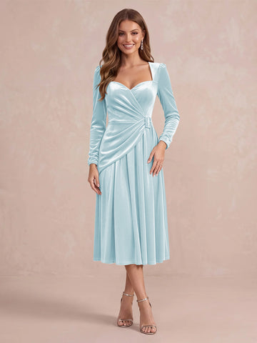 Burgundy A Line Tea Length Velvet Wedding Guest Dresses Sweetheart Cocktail Dresses