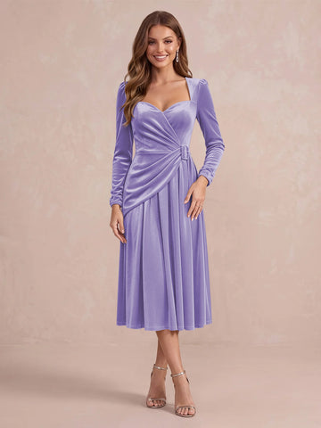 Burgundy A Line Tea Length Velvet Wedding Guest Dresses Sweetheart Cocktail Dresses
