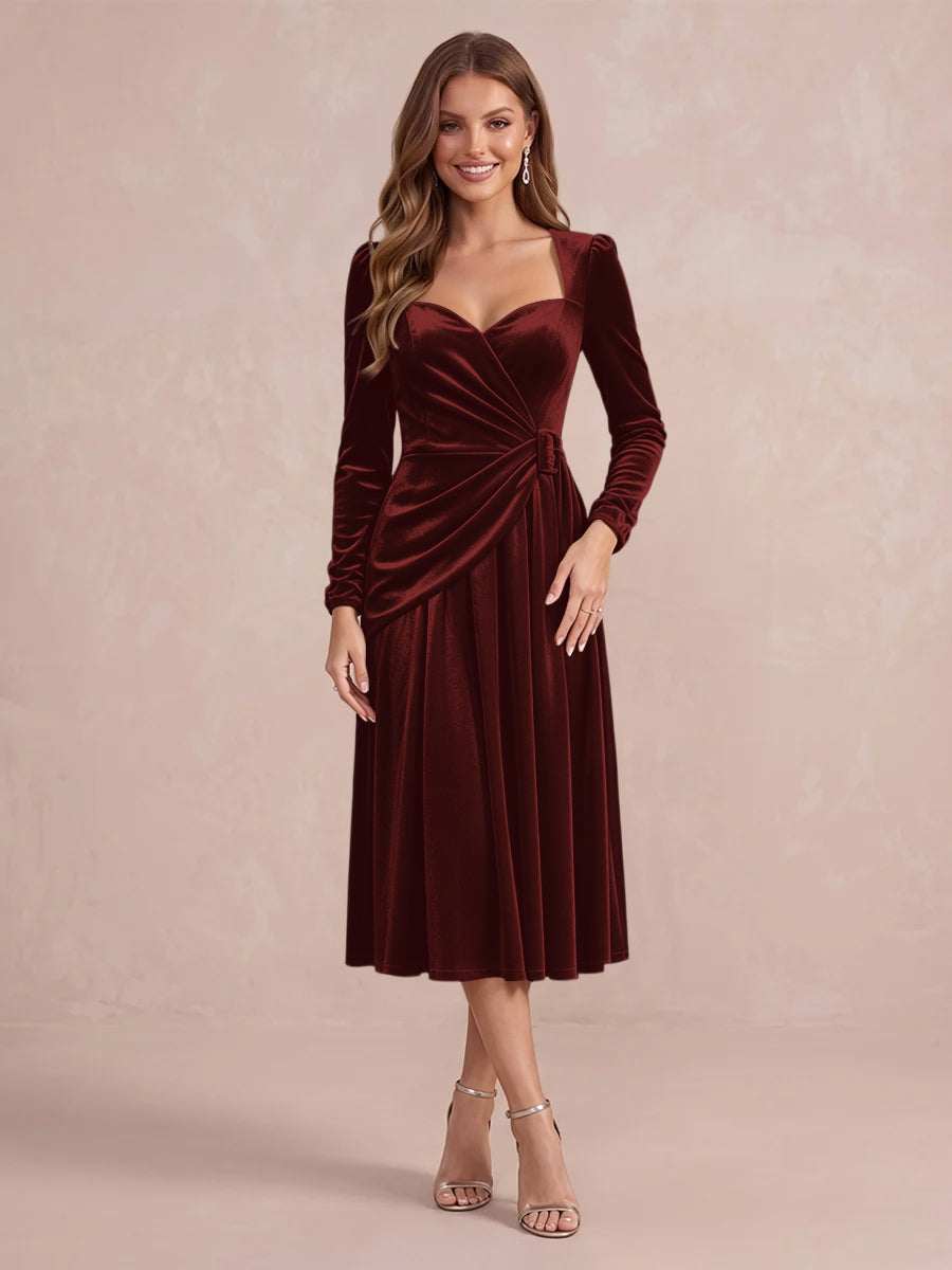 Burgundy A Line Tea Length Velvet Wedding Guest Dresses Sweetheart Cocktail Dresses