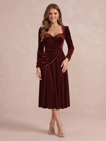 Burgundy A Line Tea Length Velvet Wedding Guest Dresses Sweetheart Cocktail Dresses