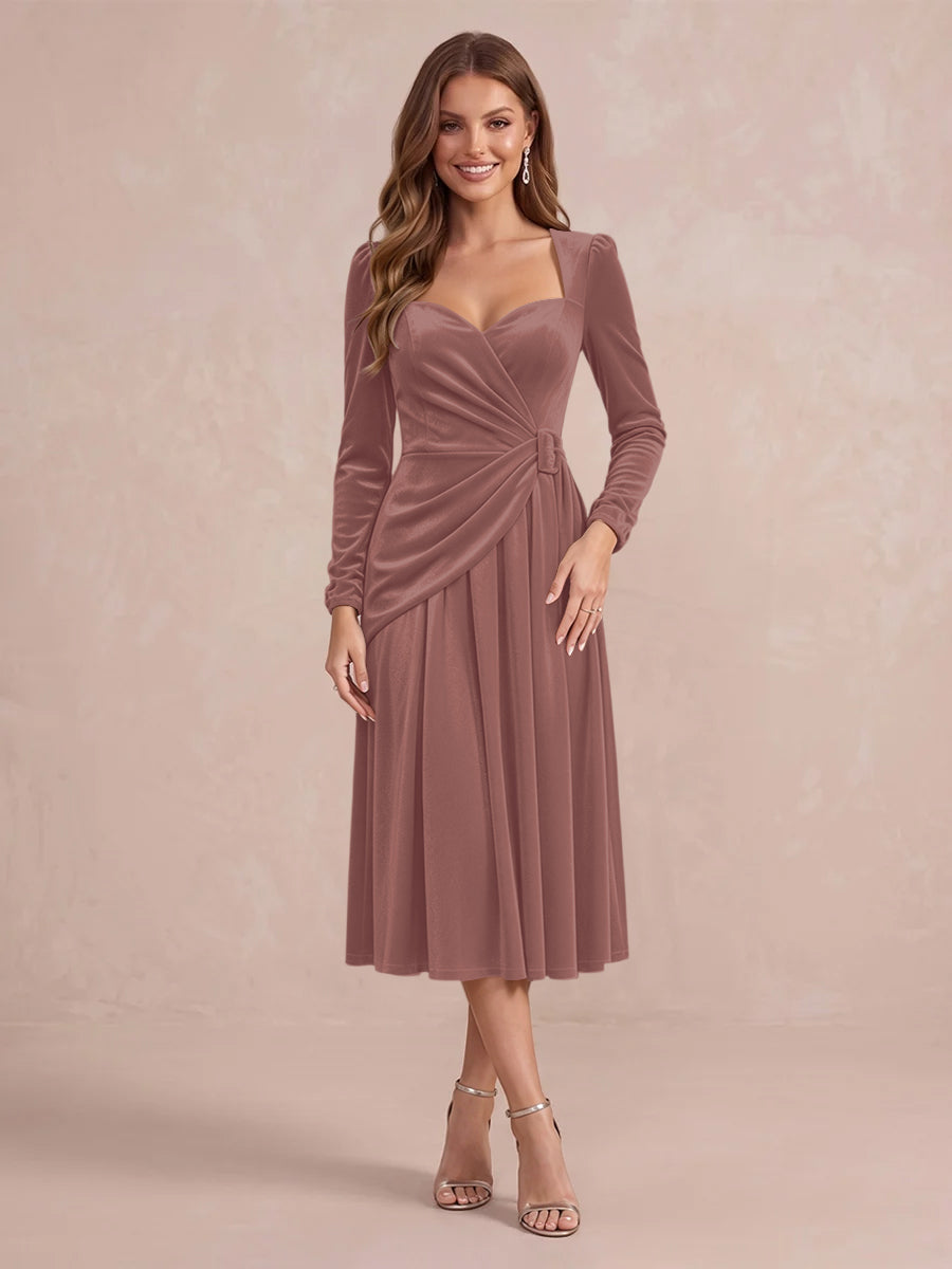 Burgundy A Line Tea Length Velvet Wedding Guest Dresses Sweetheart Cocktail Dresses