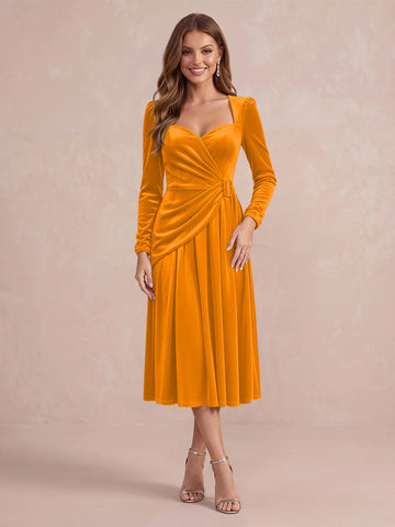 Burgundy A Line Tea Length Velvet Wedding Guest Dresses Sweetheart Cocktail Dresses