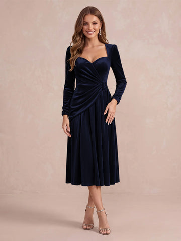 Burgundy A Line Tea Length Velvet Wedding Guest Dresses Sweetheart Cocktail Dresses