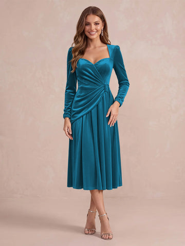 Burgundy A Line Tea Length Velvet Wedding Guest Dresses Sweetheart Cocktail Dresses