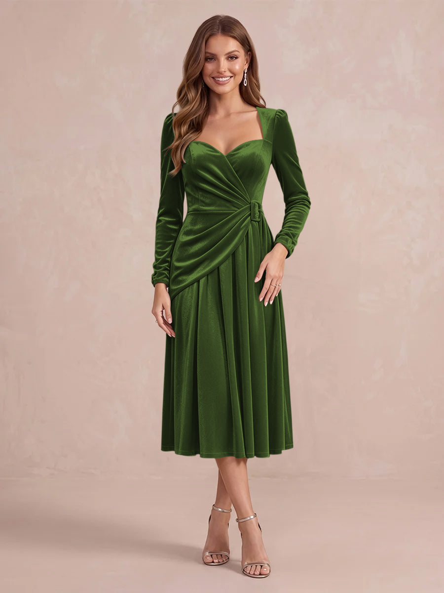 Burgundy A Line Tea Length Velvet Wedding Guest Dresses Sweetheart Cocktail Dresses