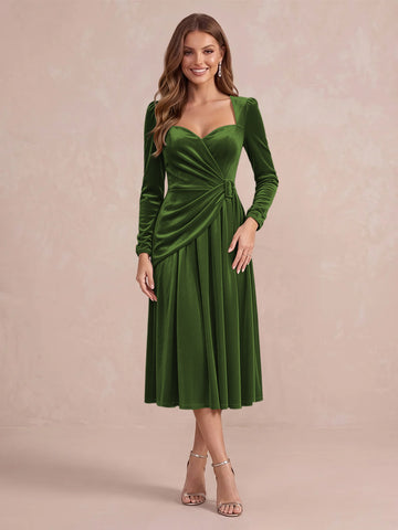 Burgundy A Line Tea Length Velvet Wedding Guest Dresses Sweetheart Cocktail Dresses