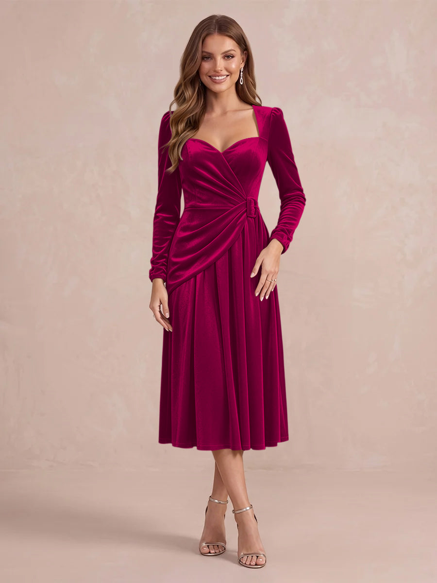 Burgundy A Line Tea Length Velvet Wedding Guest Dresses Sweetheart Cocktail Dresses