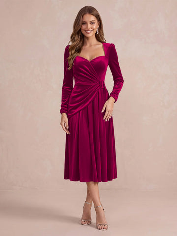 Burgundy A Line Tea Length Velvet Wedding Guest Dresses Sweetheart Cocktail Dresses
