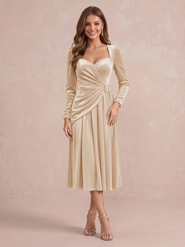 Burgundy A Line Tea Length Velvet Wedding Guest Dresses Sweetheart Cocktail Dresses