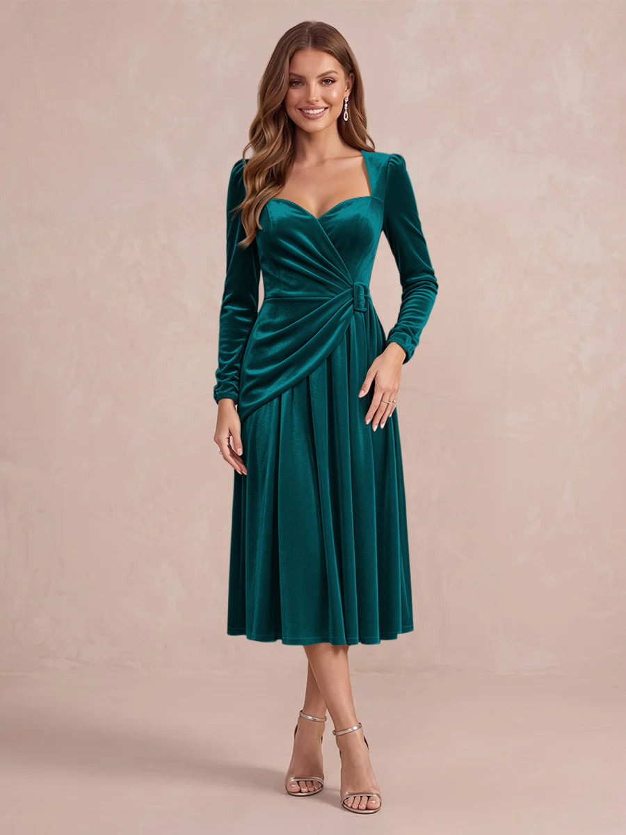 Burgundy A Line Tea Length Velvet Wedding Guest Dresses Sweetheart Cocktail Dresses