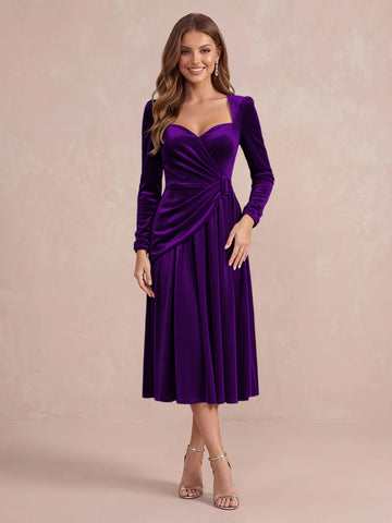 Burgundy A Line Tea Length Velvet Wedding Guest Dresses Sweetheart Cocktail Dresses