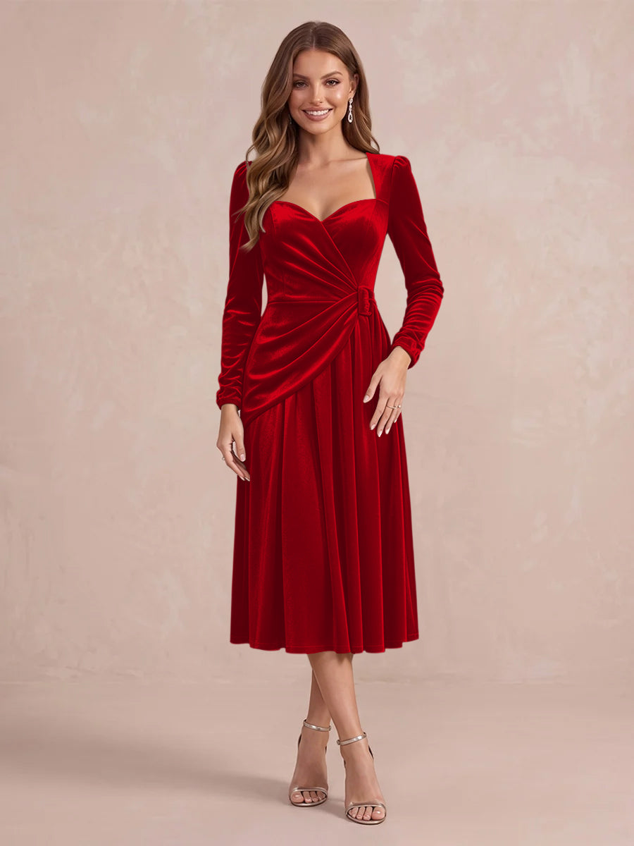 Burgundy A Line Tea Length Velvet Wedding Guest Dresses Sweetheart Cocktail Dresses