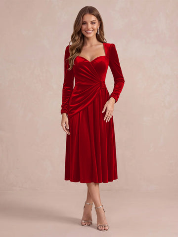 Burgundy A Line Tea Length Velvet Wedding Guest Dresses Sweetheart Cocktail Dresses