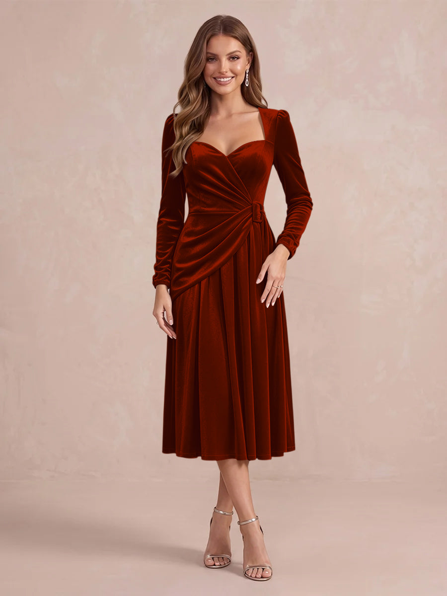 Burgundy A Line Tea Length Velvet Wedding Guest Dresses Sweetheart Cocktail Dresses