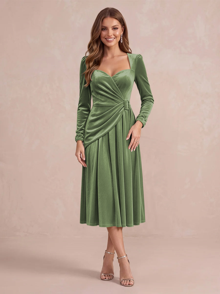 Burgundy A Line Tea Length Velvet Wedding Guest Dresses Sweetheart Cocktail Dresses