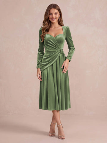 Burgundy A Line Tea Length Velvet Wedding Guest Dresses Sweetheart Cocktail Dresses