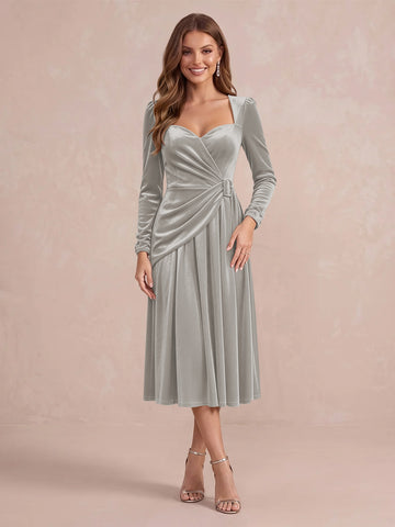 Burgundy A Line Tea Length Velvet Wedding Guest Dresses Sweetheart Cocktail Dresses